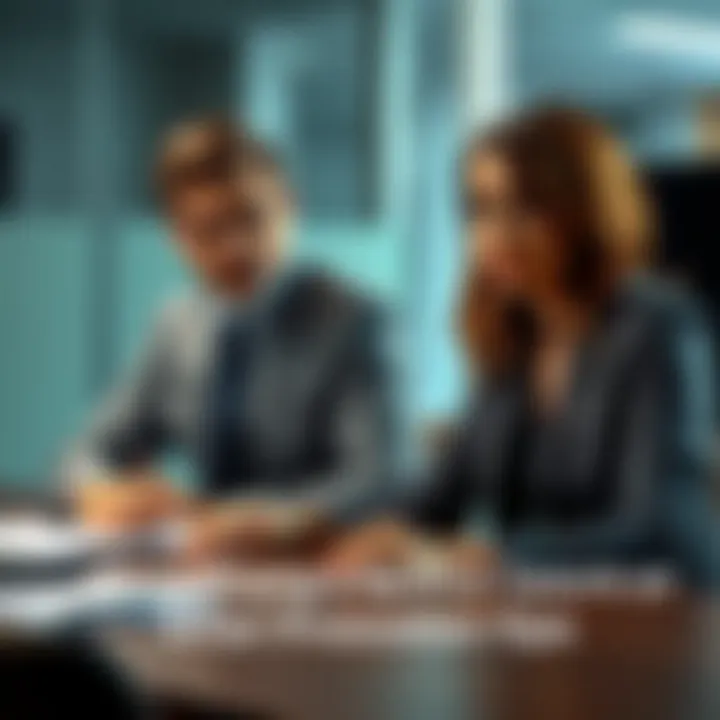 A man and a woman sitting at a table with serious expressions during a work discussion about a recent promotion