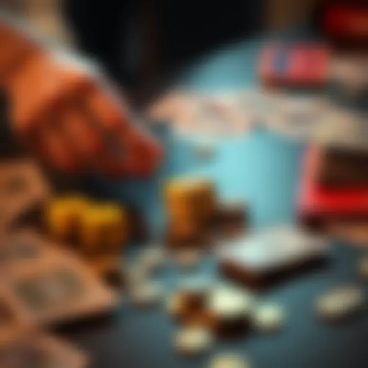 Creating a 24-word seed phrase A person rolling dice on a table while card decks and coins are scattered around, representing methods to generate a seed phrase for a hardware wallet.