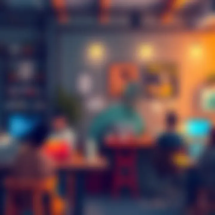 A vibrant scene showcasing community members working on various creative projects like coffee brewing and animation