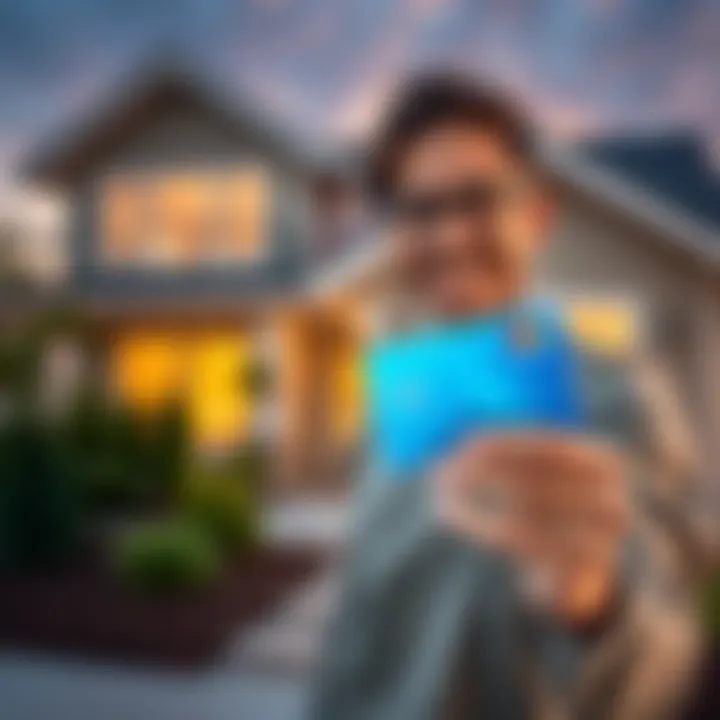 A person smiling while holding a credit card, with a new home in the background