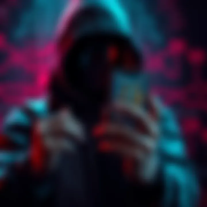 A shadowy figure holding a smartphone displaying stablecoins, with a digital wallet interface in the background, symbolizing the use of digital currency for illegal activities.