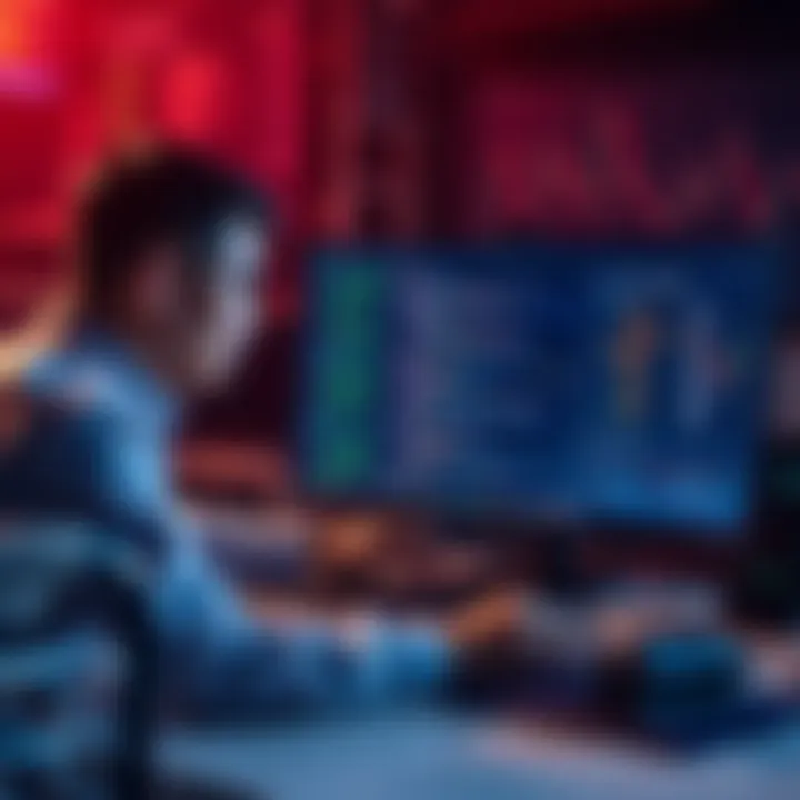 A marketing professional coding a cross-chain DeFi arbitrage bot in Rust, with visuals of coding on a computer screen and graphs showing financial data.