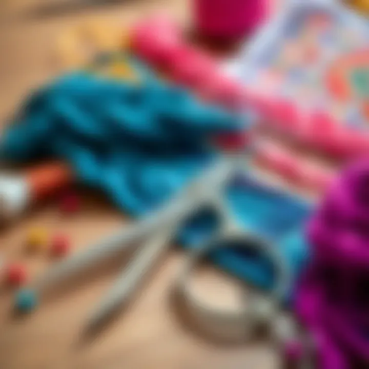 A pair of sharp cross stitch scissors placed on a wooden table surrounded by colorful threads and fabric pieces