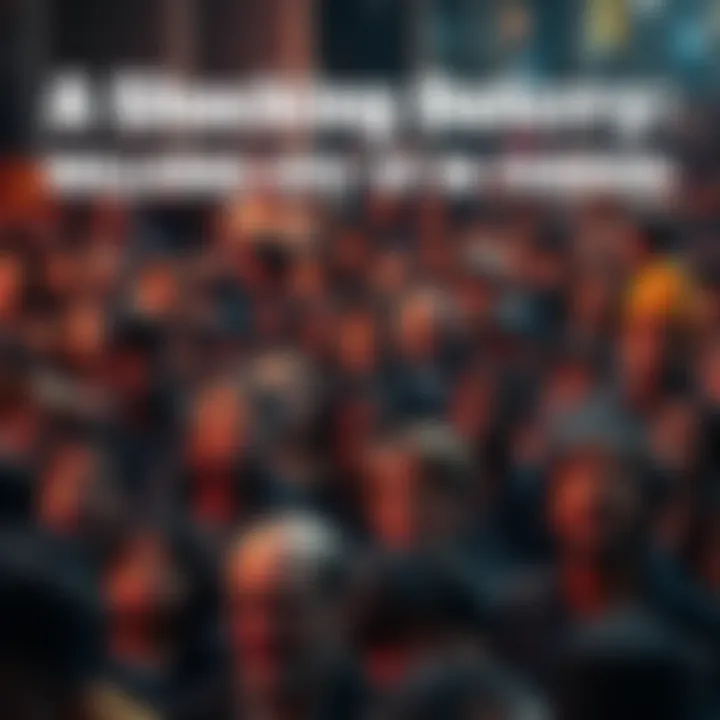 A large group of diverse people gathering in a public space, showing expressions of fear and worry, united in their response to a crisis.