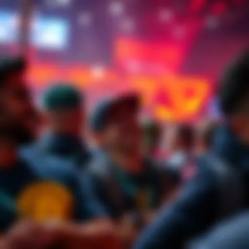 A lively crowd of crypto enthusiasts gathering at the Bitcoin Conference, sharing laughs and engaging in discussions.
