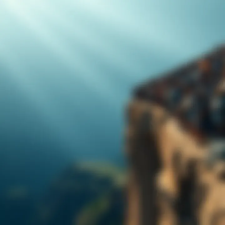 A large crowd of people standing on the edge of a cliff, looking nervous, as they contemplate jumping off together.