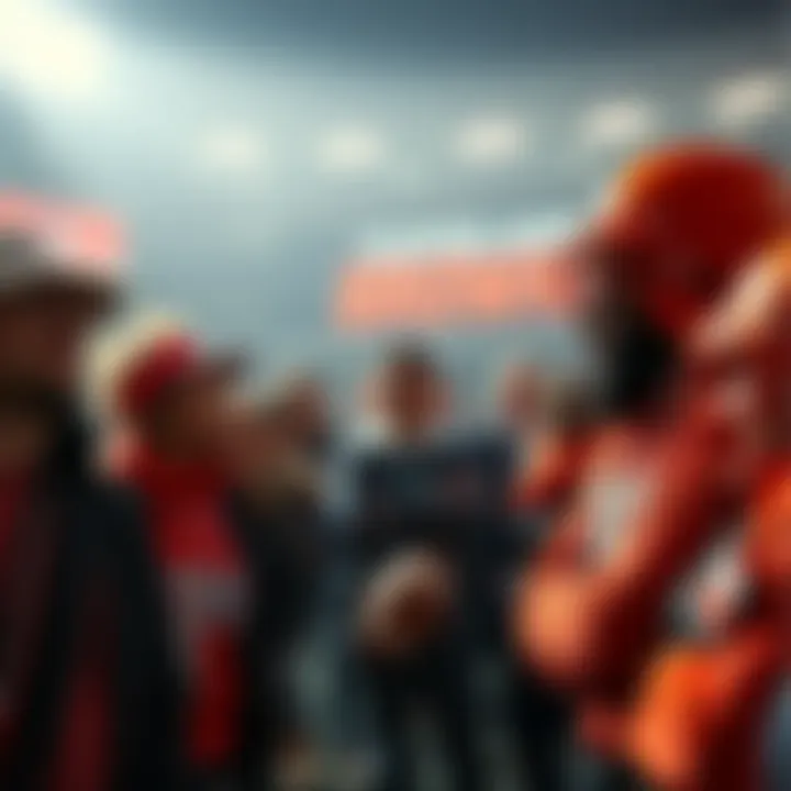 A group of diverse fans discussing the crowdfunding effort to buy the Cleveland Browns, with a football and team logo in the background.