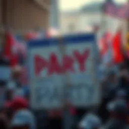 A worn-out sign representing a major American political party, showing signs of decay and neglect against a backdrop of political rallies and protests.