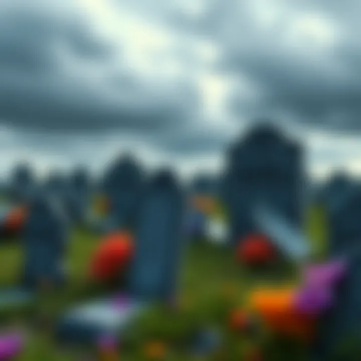 A graveyard scene depicting failed cryptocurrency projects represented by broken tombstones labeled with names like Nano and IOTA, surrounded by wilted flowers and a cloudy sky.