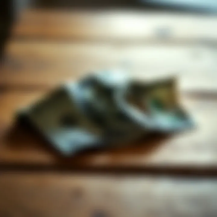 A close-up of a crumpled $20 bill lying on a wooden table, symbolizing financial need and budgeting challenges.
