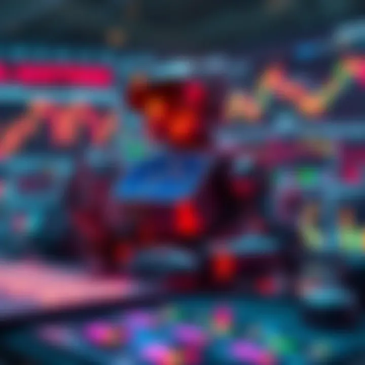 A visual representation of a cryptocurrency trading bot analyzing market data with charts and graphs in the background.