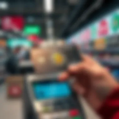 Crypto Card for Easy Spending A close-up of a crypto card being held above a payment terminal at a store, with a Bitcoin symbol on it