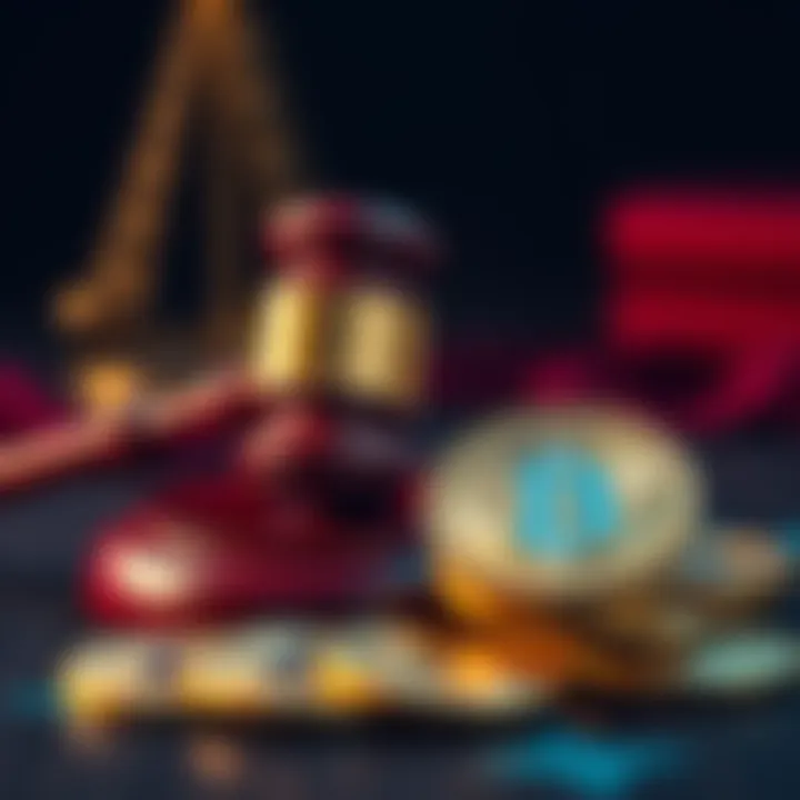 A close-up of a gavel and cryptocurrency coins representing legislation and crypto regulation.