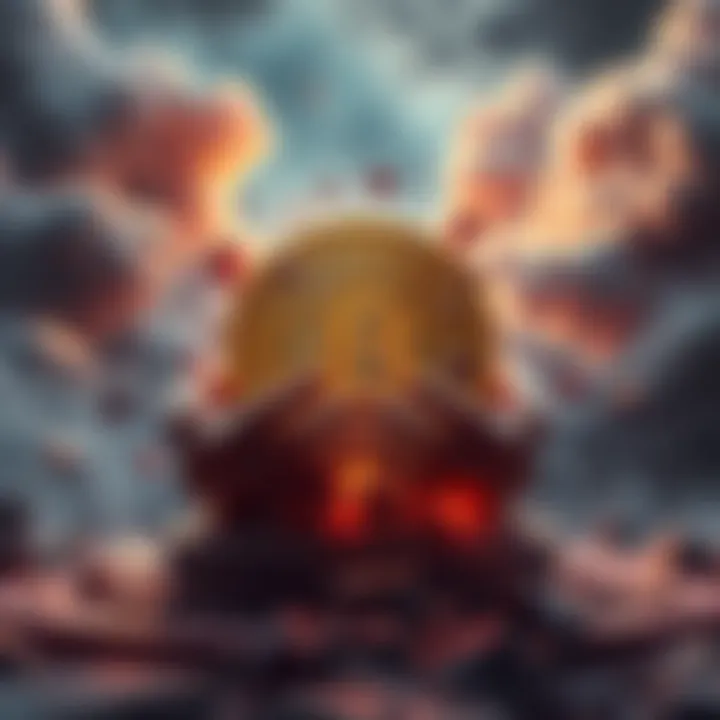 Cryptocurrency Under Siege A dramatic visualization of the cryptocurrency market's vulnerability to fraud, showcasing a shattered coin symbol amidst dark clouds of manipulation.