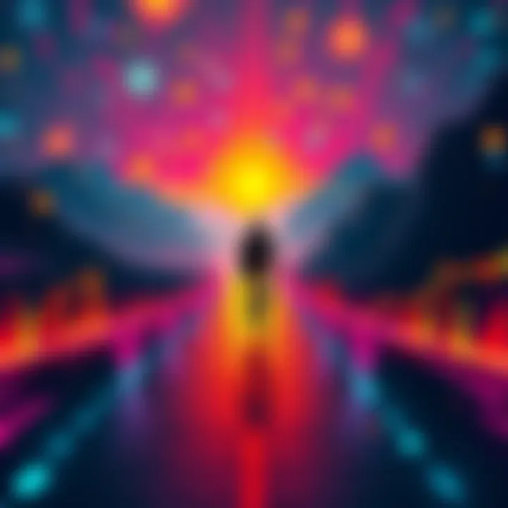 A lone cyclist pedaling through a vibrant, digital landscape filled with cryptocurrency symbols and fluctuating graphs, symbolizing the highs and lows of the crypto market.