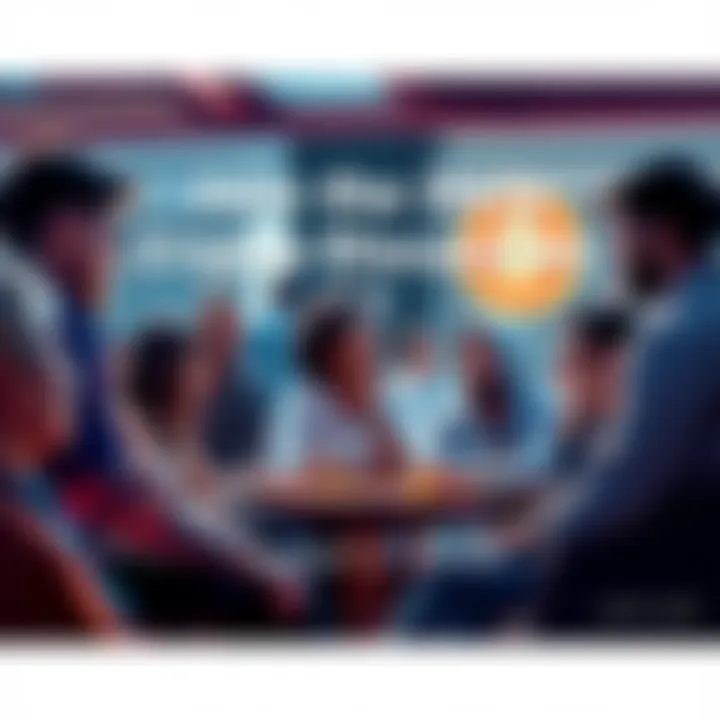 A group of people engaged in a conversation about cryptocurrency in a casual setting, sharing ideas and advice.