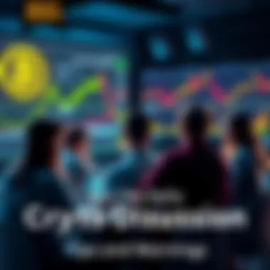 Crypto Discussion Forum A group of people discussing cryptocurrency trends with charts and laptops