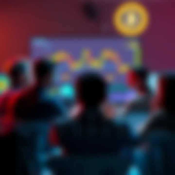 A group of people discussing cryptocurrency trends and tips, with charts and digital coins visible on a screen.