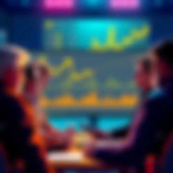 A group of people discussing cryptocurrency with charts and graphs on a screen, highlighting market trends and investment tips.