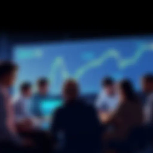 A group of people discussing cryptocurrency with charts and laptops.