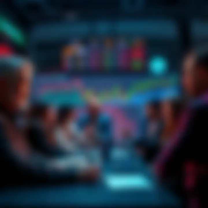 People engaged in a lively conversation about cryptocurrency, sharing ideas and strategies, with charts and graphs visible in the background.