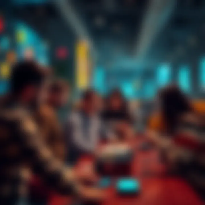 A group of people discussing cryptocurrency with laptops and smartphones, sharing insights and information in a casual setting.