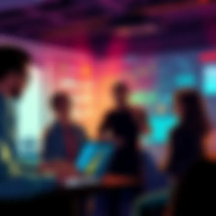 A group of people engaged in a discussion about cryptocurrency, sharing tips and advice while looking at laptops and charts.