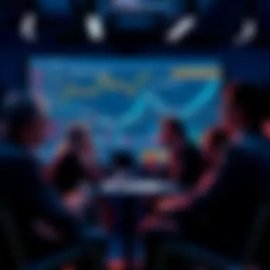 A group of people discussing cryptocurrency, sharing tips and warnings about trading, with charts and graphs visible on a screen.