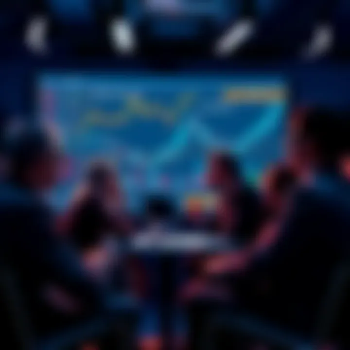 A group of people discussing cryptocurrency, sharing tips and warnings about trading, with charts and graphs visible on a screen.