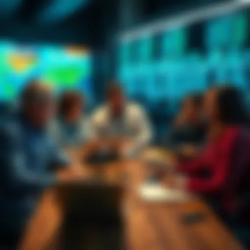 Group of people talking about cryptocurrency trends and tips, with laptops and notepads present, emphasizing caution against scams