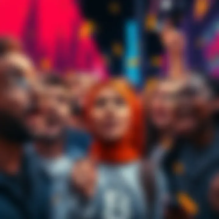A group of people showing mixed emotions towards cryptocurrency prices, with some cheering for gains and others looking worried about losses.
