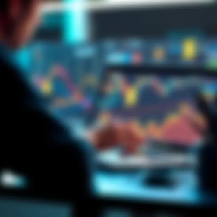 A person analyzing charts on a laptop with dollar signs and a graph in the background, symbolizing dollar-cost averaging in crypto investments.