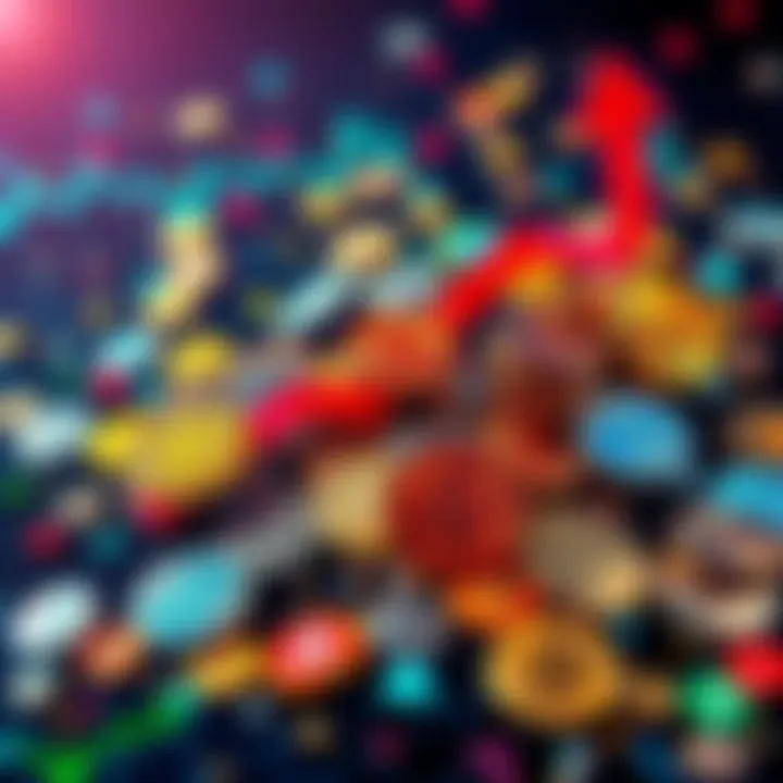 A vivid collage of top cryptocurrencies with a rising graph, symbolizing growth and investment potential.