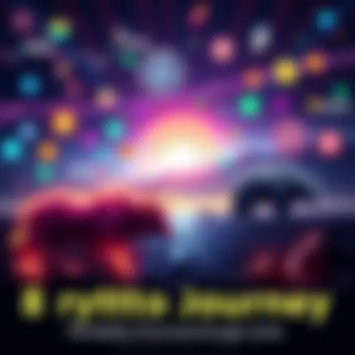 Crypto Journey A visual representation of the evolution of cryptocurrency over eight years, featuring icons of various crypto projects and symbols of market trends, like a bull and bear.