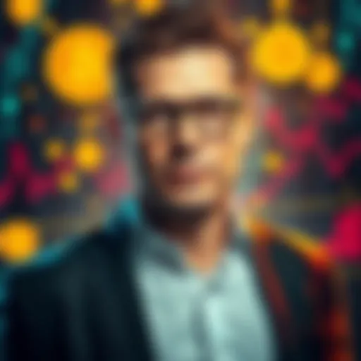 A prominent figure in the crypto scene, surrounded by digital currency symbols and graphs, representing his influence