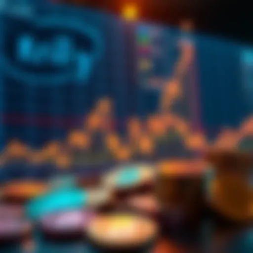 Graph showing upward trend in cryptocurrency market with coins in the foreground