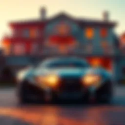 A bright luxury car parked in front of a lavish mansion, showcasing the extravagant lifestyle of a crypto millionaire.