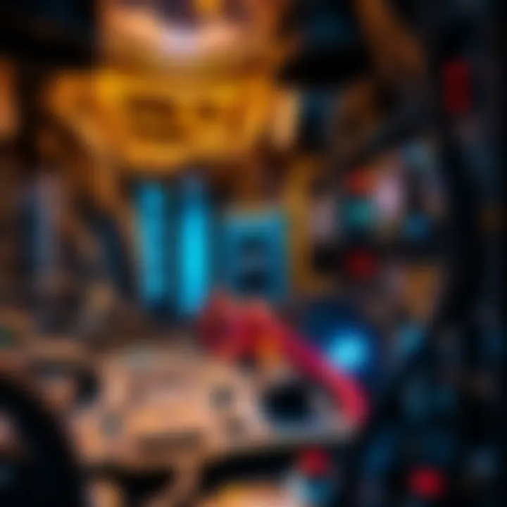 A detailed view of a computer circuit board surrounded by cryptocurrency mining rigs, showcasing the high-tech environment of crypto miners and their efforts to cut electricity costs.