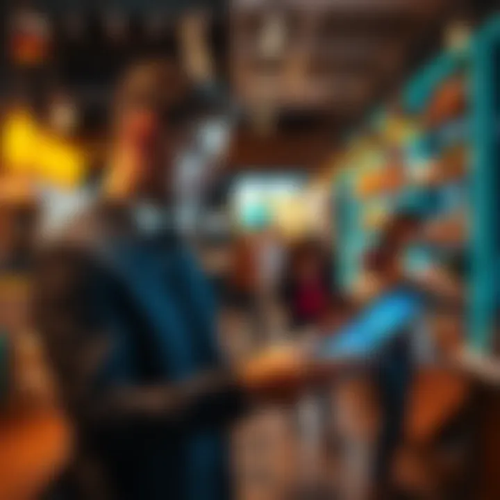 A business owner reviewing crypto payment transactions on a digital tablet, with customers shopping nearby.