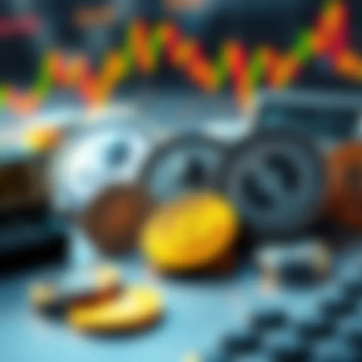 Illustration of various alternative cryptocurrencies including Ethereum and Litecoin with financial graphs and a calculator