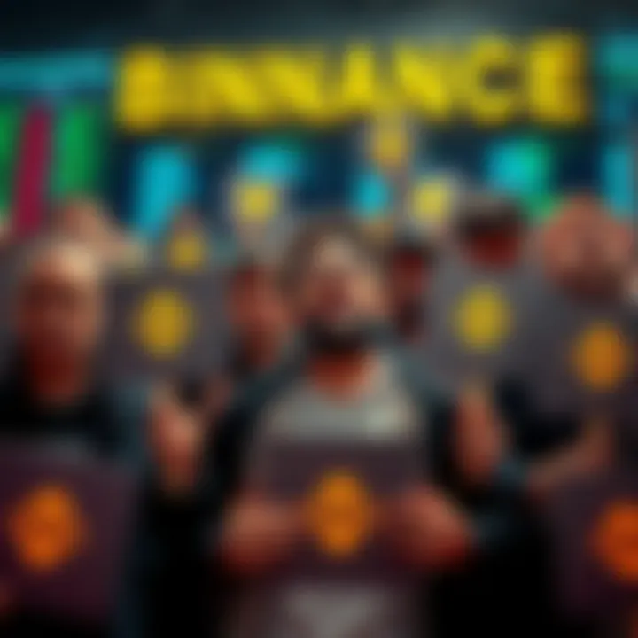 A group of crypto traders expressing frustration over Binance's recent cryptocurrency listings and de-listings, holding signs with Binance's logo and showing dissatisfaction.