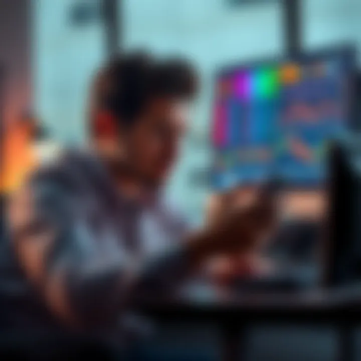 A person with a worried expression checks cryptocurrency prices on their phone while sitting at a desk