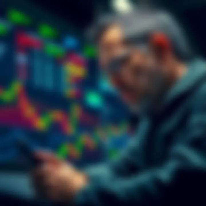 A serious-looking crypto analyst reviewing market data, with a focus on declining altcoin charts compared to Bitcoin.