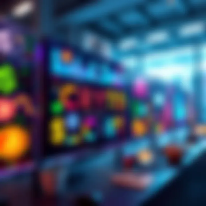 A digital screen showcasing various colorful crypto art pieces with monetary symbols around it.