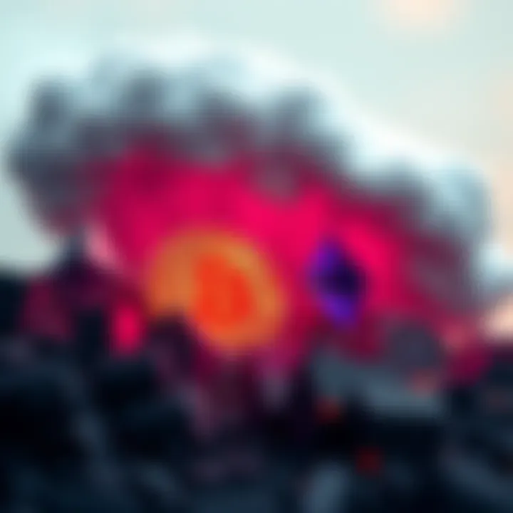 Crypto assets at risk A depiction of digital currency symbols like Bitcoin and Ethereum under a cloud of uncertainty, symbolizing the potential risks in the crypto market.