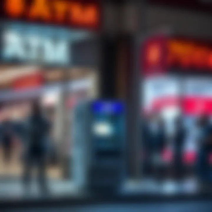 A cryptocurrency ATM placed outside a retail store in Canada, surrounded by people discussing its use amidst news of a potential ban.