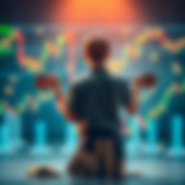 A person weighing the benefits and risks of crypto-backed loans with coins and market charts around them