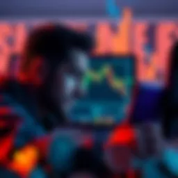 A worried investor looking at a declining crypto chart on a computer screen, surrounded by cryptocurrency coins.