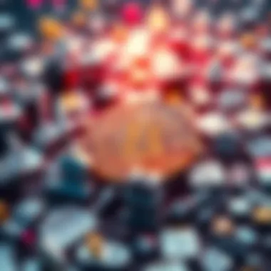 A digital representation of cryptocurrency symbols surrounded by traditional banking icons, highlighting the contrast between them during a global crisis.