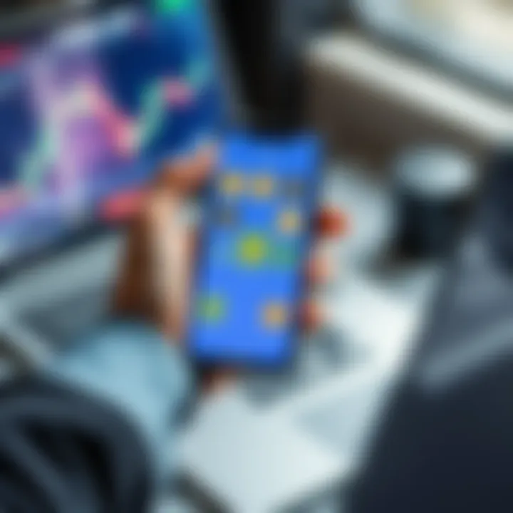 A person holding a smartphone showing cryptocurrency symbols and charts, with a laptop nearby.